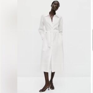 Massimo Dutti White Linen Belted Shirt Dress